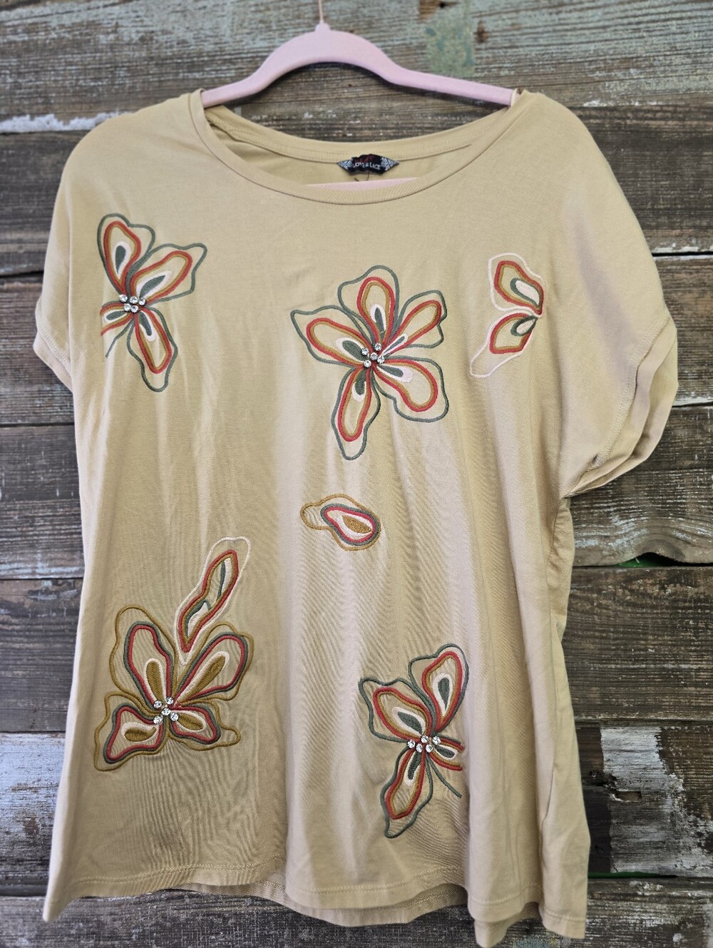 Love & Lace Embroidered Floral Rhinestone Top Tan Boho Artsy, Size L